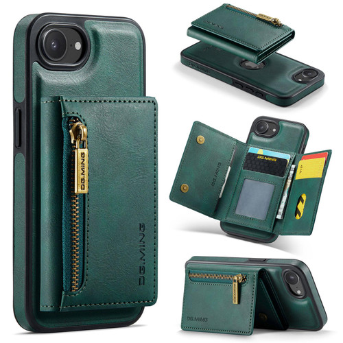 iPhone 16e / 17e DG.MING M5 Series Zip RFID Multi Card Detachable Leather Phone Case - Green
