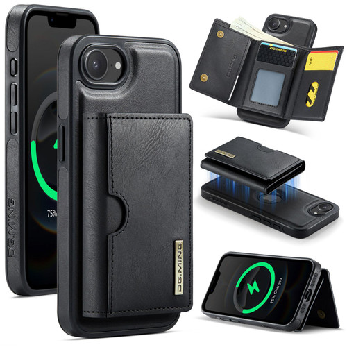 iPhone 16e / 17e DG.MING M6 Series RFID Tri-fold Card Bag Removable Leather Phone Case - Black