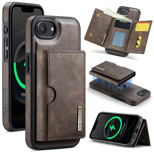 iPhone 16e / 17e DG.MING M6 Series RFID Tri-fold Card Bag Removable Leather Phone Case - Coffee