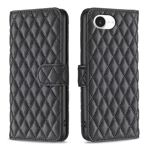 iPhone 16e / 17e Diamond Lattice Wallet Flip Leather Phone Case - Black