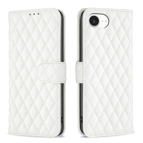 iPhone 16e / 17e Diamond Lattice Wallet Flip Leather Phone Case - White