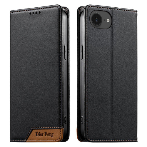 iPhone 16e / 17e Dierfeng Splicing Strong Magnetic RFID Vegan Leather Phone Case - Black