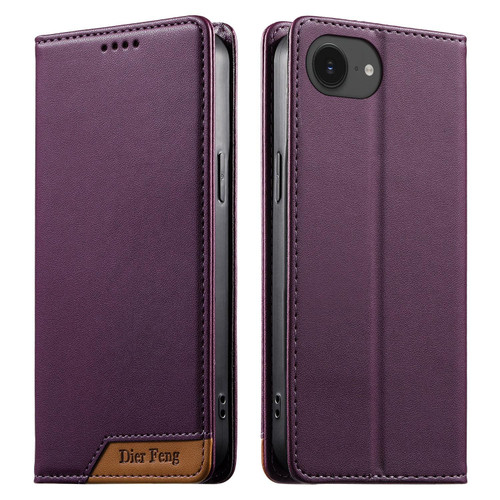 iPhone 16e / 17e Dierfeng Splicing Strong Magnetic RFID Vegan Leather Phone Case - Purple