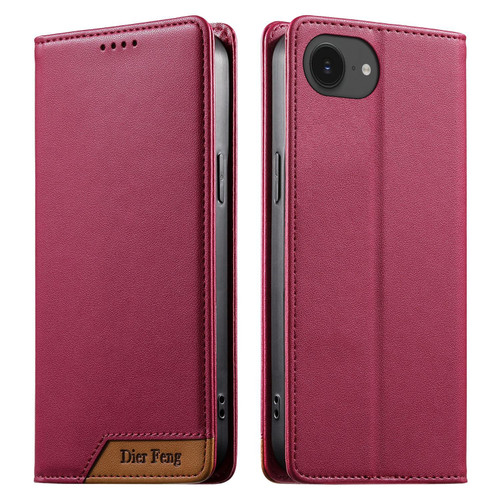 iPhone 16e / 17e Dierfeng Splicing Strong Magnetic RFID Vegan Leather Phone Case - Red