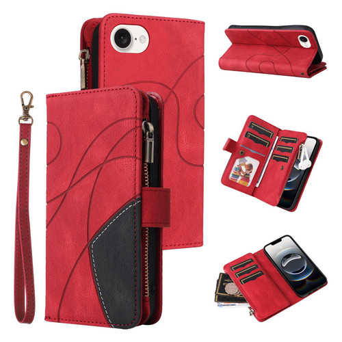 iPhone 16e / 17e Dual-color 9 Card Slots Zipper Wallet Leather Phone Case - Red