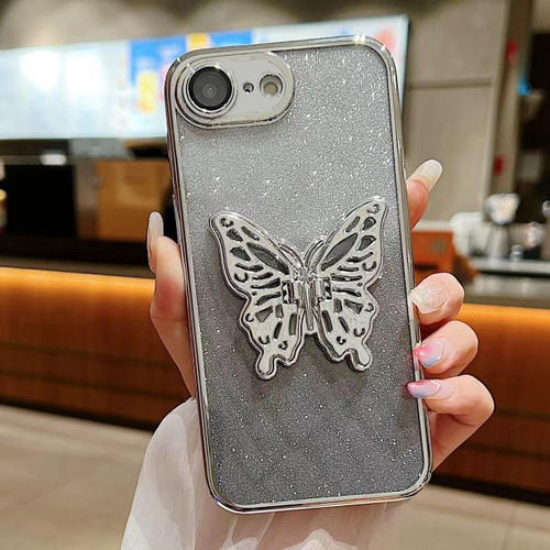 iPhone 16e / 17e Electroplated Gradient Glitter 3D Butterfly TPU Phone Case - Gradient Silver