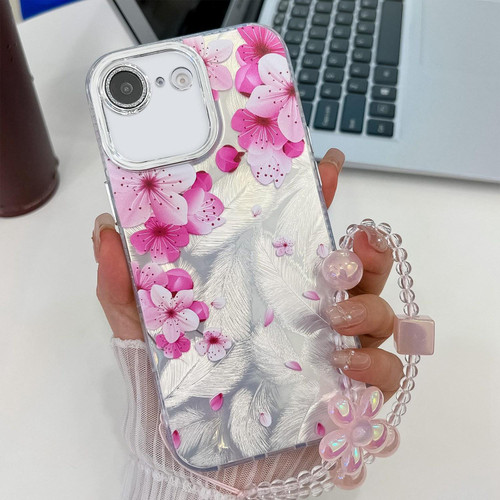 iPhone 16e / 17e Electroplating Flowers Plants Texture Wristband TPU Phone Case - Peach Blossom FL18