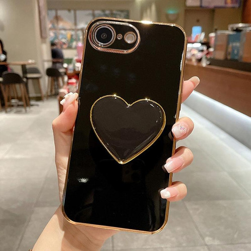 iPhone 16e / 17e Electroplating Love Heart Holder TPU Phone Case - Black