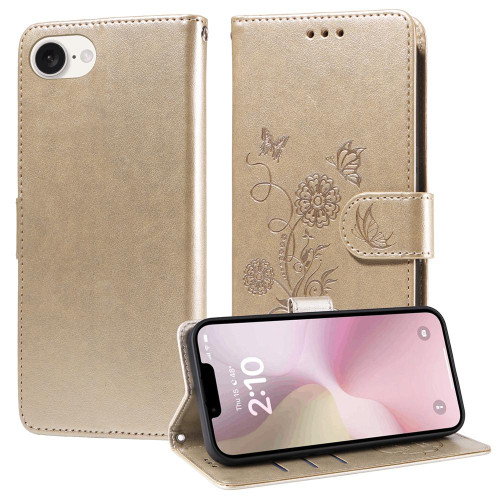 iPhone 16e / 17e Embossed Butterfly Flowers Leather Phone Case - Gold