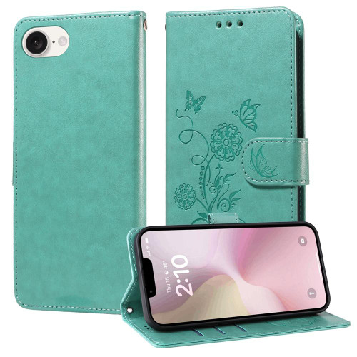 iPhone 16e / 17e Embossed Butterfly Flowers Leather Phone Case - Green
