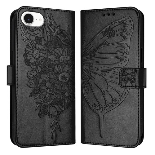 iPhone 16e / 17e Embossed Butterfly Leather Phone Case - Black