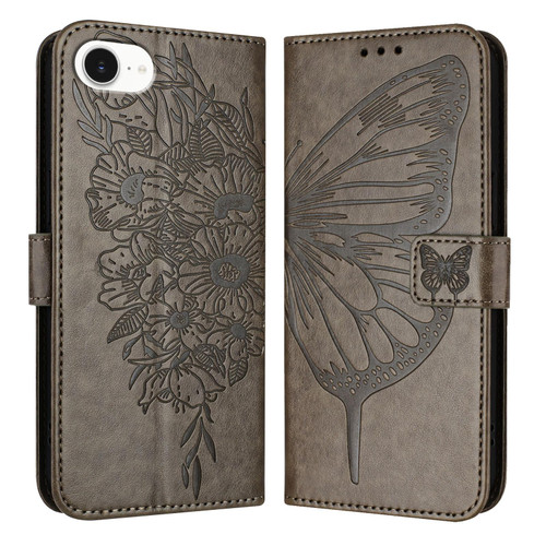 iPhone 16e / 17e Embossed Butterfly Leather Phone Case - Grey