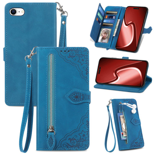 iPhone 16e / 17e Embossed Flower Zipper Leather Phone Case - Blue