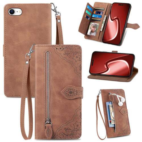 iPhone 16e / 17e Embossed Flower Zipper Leather Phone Case - Brown