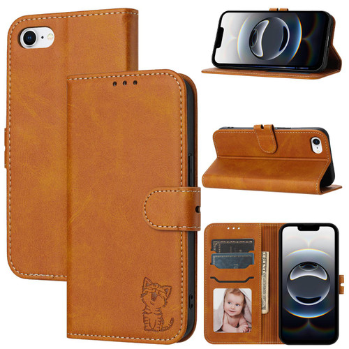 iPhone 16e / 17e Embossed Happy Cat Pattern Flip Leather Phone Case - Yellow