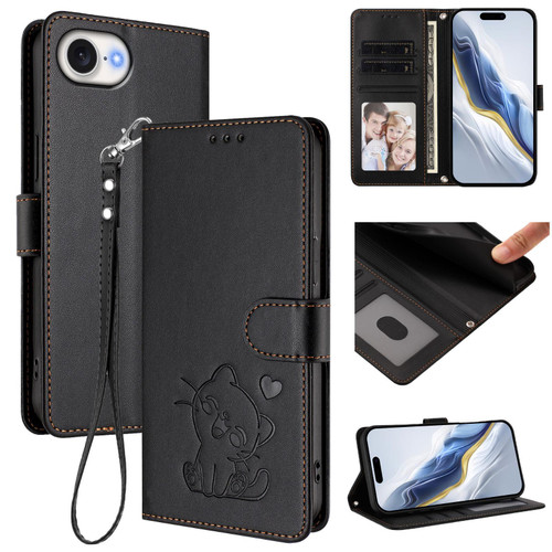 iPhone 16e / 17e Embossed Heart Cat Leather Phone Case with Hand Strap - Black