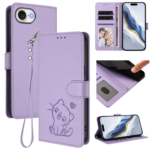 iPhone 16e / 17e Embossed Heart Cat Leather Phone Case with Hand Strap - Light Purple