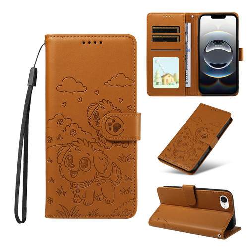 iPhone 16e / 17e Embossed Heart Dog RFID Blocking Wallet Leather Phone Case - Brown