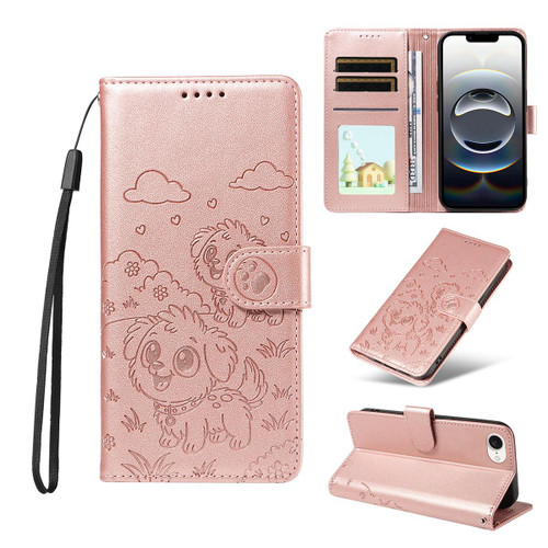 iPhone 16e / 17e Embossed Heart Dog RFID Blocking Wallet Leather Phone Case - Rose Gold