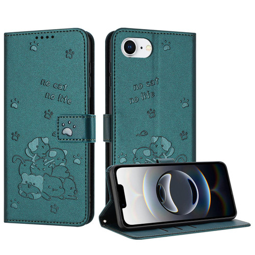 iPhone 16e / 17e Embossed Kitten Phone Leather Case with Lanyard - Dark Green