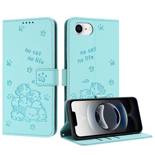 iPhone 16e / 17e Embossed Kitten Phone Leather Case with Lanyard - Mint Green