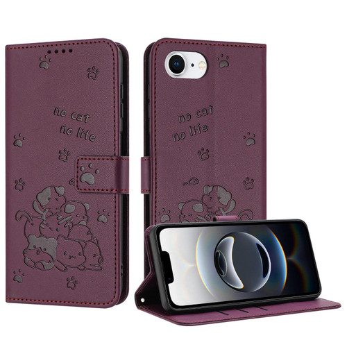 iPhone 16e / 17e Embossed Kitten Phone Leather Case with Lanyard - Wine Red