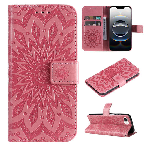 iPhone 16e / 17e Embossed Sunflower Pattern Flip Leather Phone Case - Pink