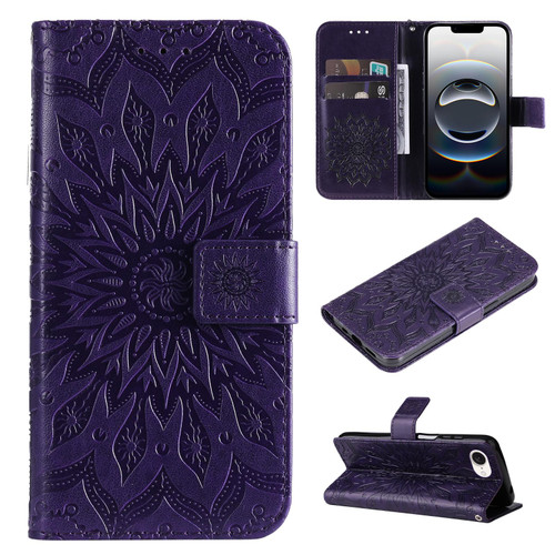 iPhone 16e / 17e Embossed Sunflower Pattern Flip Leather Phone Case - Purple