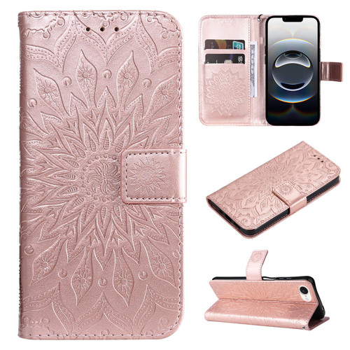 iPhone 16e / 17e Embossed Sunflower Pattern Flip Leather Phone Case - Rose Gold