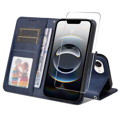 iPhone 16e / 17e ENKAY Card Wallet Calf Texture Leather Phone Case with Screen Film - Blue