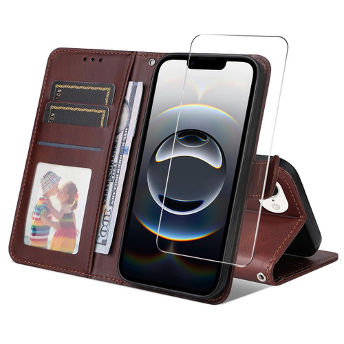 iPhone 16e / 17e ENKAY Card Wallet Calf Texture Leather Phone Case with Screen Film - Brown