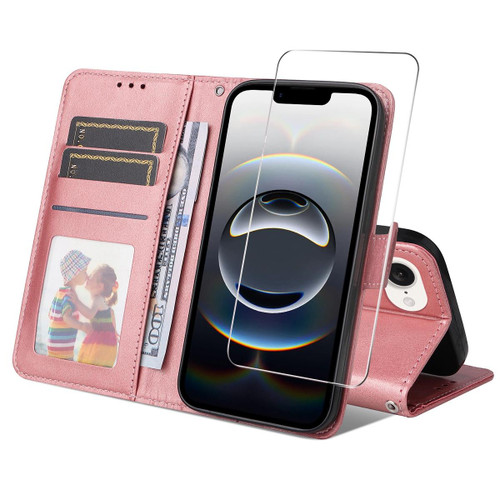 iPhone 16e / 17e ENKAY Card Wallet Calf Texture Leather Phone Case with Screen Film - Pink