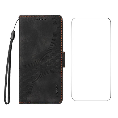 iPhone 16e / 17e ENKAY Embossed Rhombus Starry Leather Phone Case with Screen Film - Black