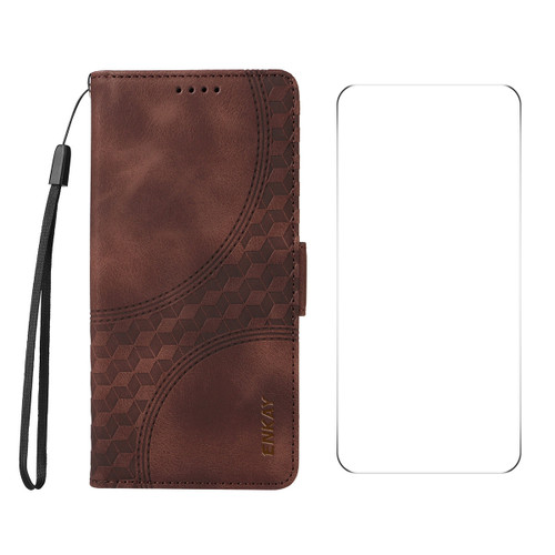 iPhone 16e / 17e ENKAY Embossed Rhombus Starry Leather Phone Case with Screen Film - Brown