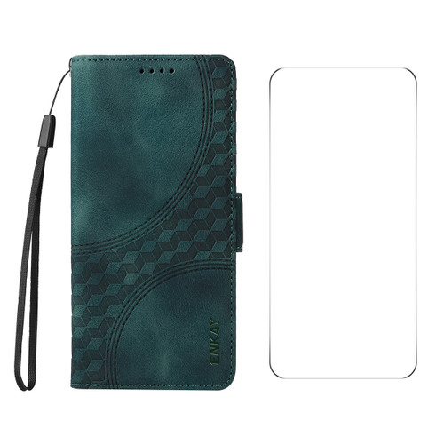 iPhone 16e / 17e ENKAY Embossed Rhombus Starry Leather Phone Case with Screen Film - Green