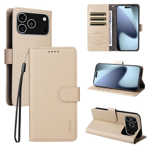 iPhone 16e / 17e ENKAY RFID Blocking Wallet Kickstand Litchi Texture Leather Phone Case - Beige