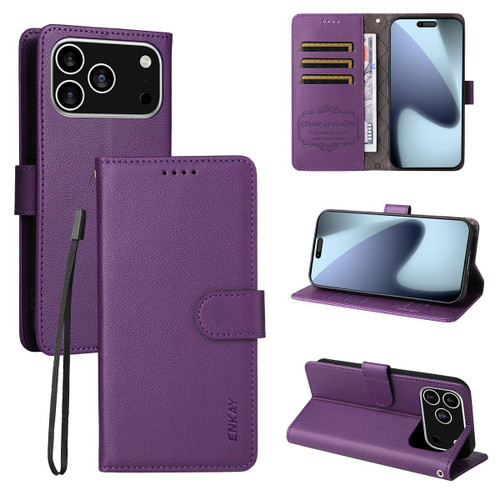 iPhone 16e / 17e ENKAY RFID Blocking Wallet Kickstand Litchi Texture Leather Phone Case - Purple