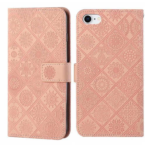 iPhone 16e / 17e Ethnic Style Embossed Pattern Leather Phone Case - Pink