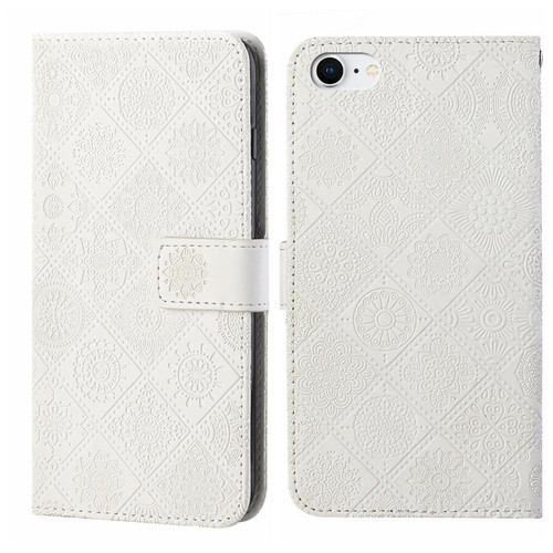 iPhone 16e / 17e Ethnic Style Embossed Pattern Leather Phone Case - White