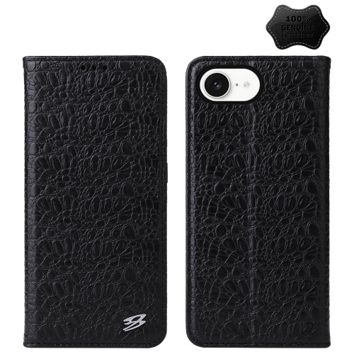 iPhone 16e / 17e Fierre Shann Crocodile Texture Magnetic Genuine Leather Phone Case - Black