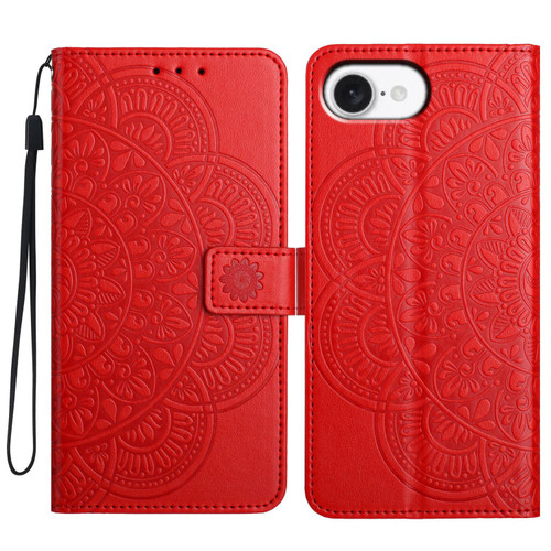 iPhone 16e / 17e Flower Embossed Leather Phone Case - Red