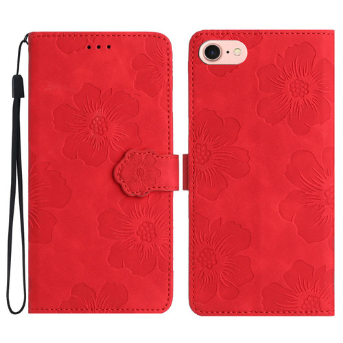 iPhone 16e / 17e Flower Embossing Pattern Leather Phone Case - Red