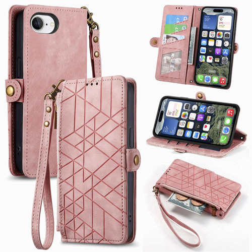 iPhone 16e / 17e Geometric Zipper Wallet Side Buckle Leather Phone Case - Pink