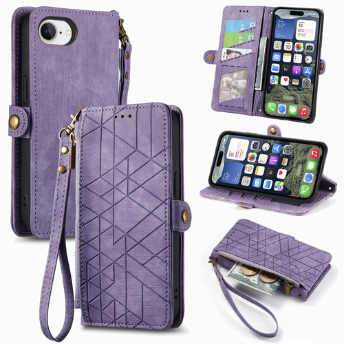 iPhone 16e / 17e Geometric Zipper Wallet Side Buckle Leather Phone Case - Purple