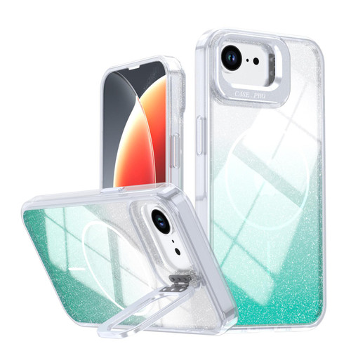 iPhone 16e / 17e Glitter Gradient Magnetic Lens Frame Holder Phone Case - Lake Green