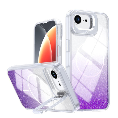 iPhone 16e / 17e Glitter Gradient Magnetic Lens Frame Holder Phone Case - Purple