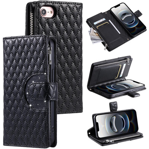 iPhone 16e / 17e Glitter Lattice Zipper Wallet Leather Phone Case - Black