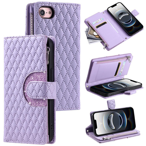 iPhone 16e / 17e Glitter Lattice Zipper Wallet Leather Phone Case - Purple