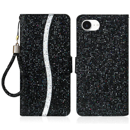 iPhone 16e / 17e Glitter Powder Filp Leather Phone Case - Black