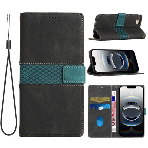 iPhone 16e / 17e Grid Stitching Leather Phone Case with Lanyard - Black